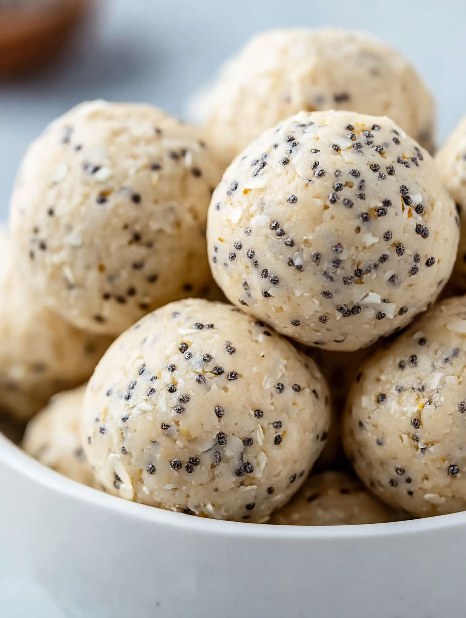 A bowl of protein balls made with poppy seeds and lemon.