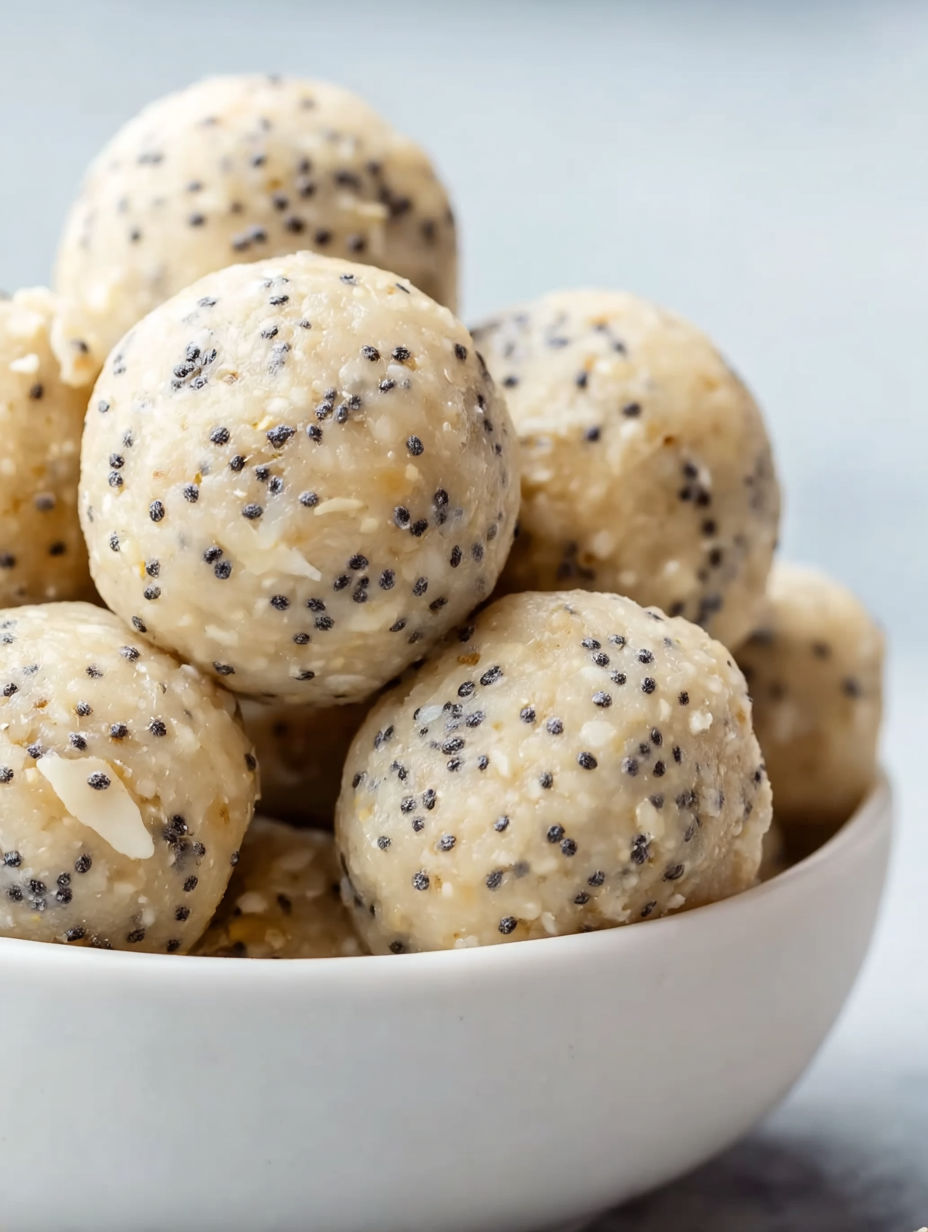A bowl of protein balls made with poppy seeds.