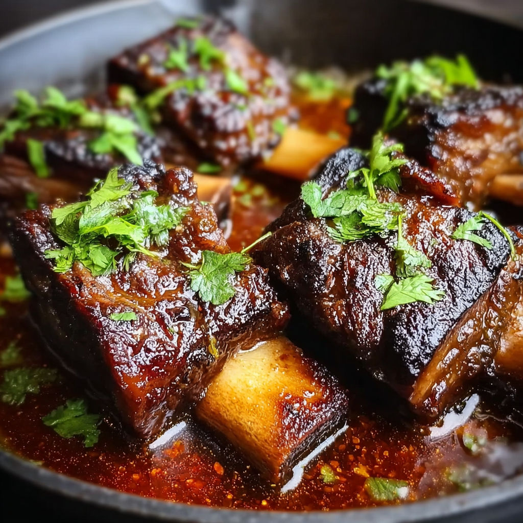 A pan of slow roasted Asian beef short ribs.
