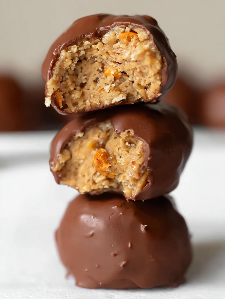 Three chocolate balls with peanut butter and orange nuts.