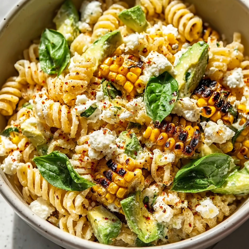 A bowl of creamy street corn pasta salad.