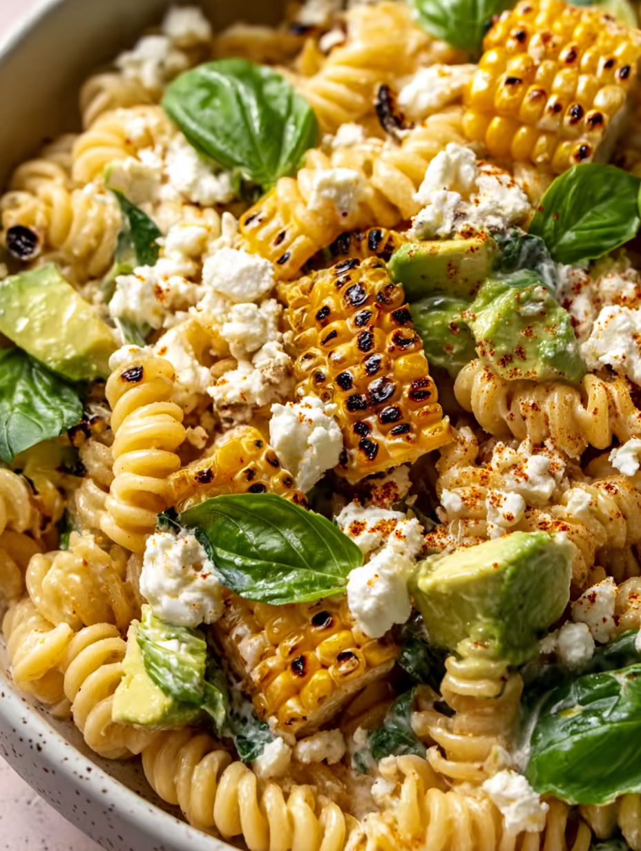 A bowl of creamy street corn pasta salad.