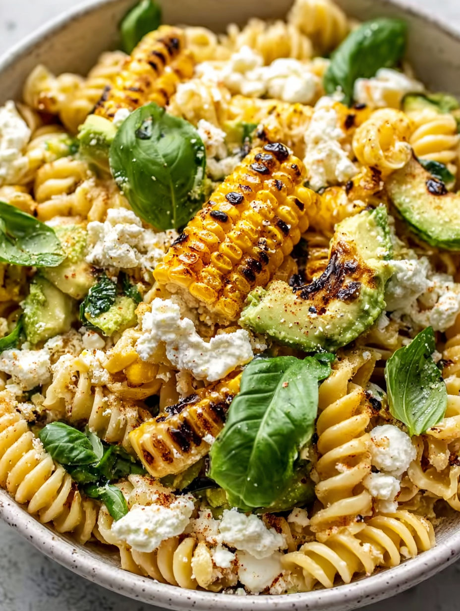 A bowl of creamy street corn pasta salad.