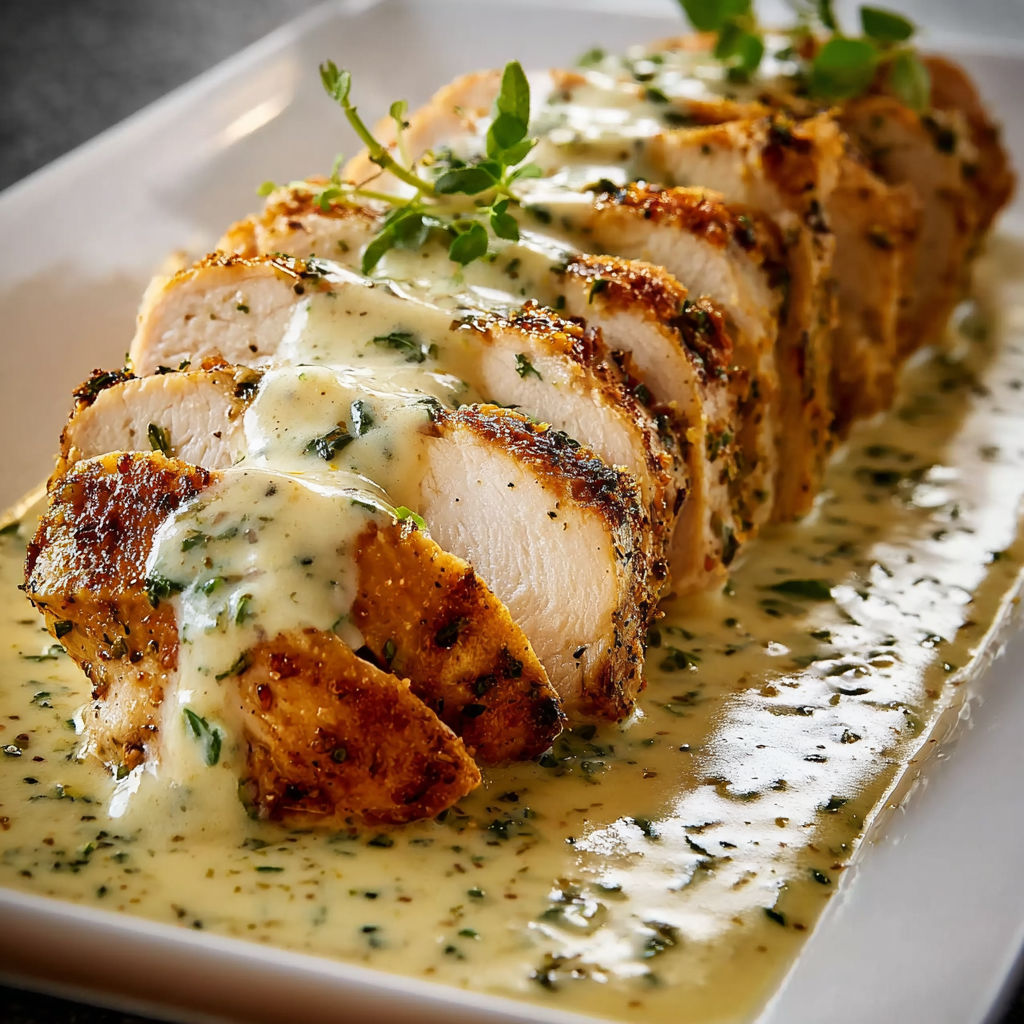 A plate of chicken with cream sauce.