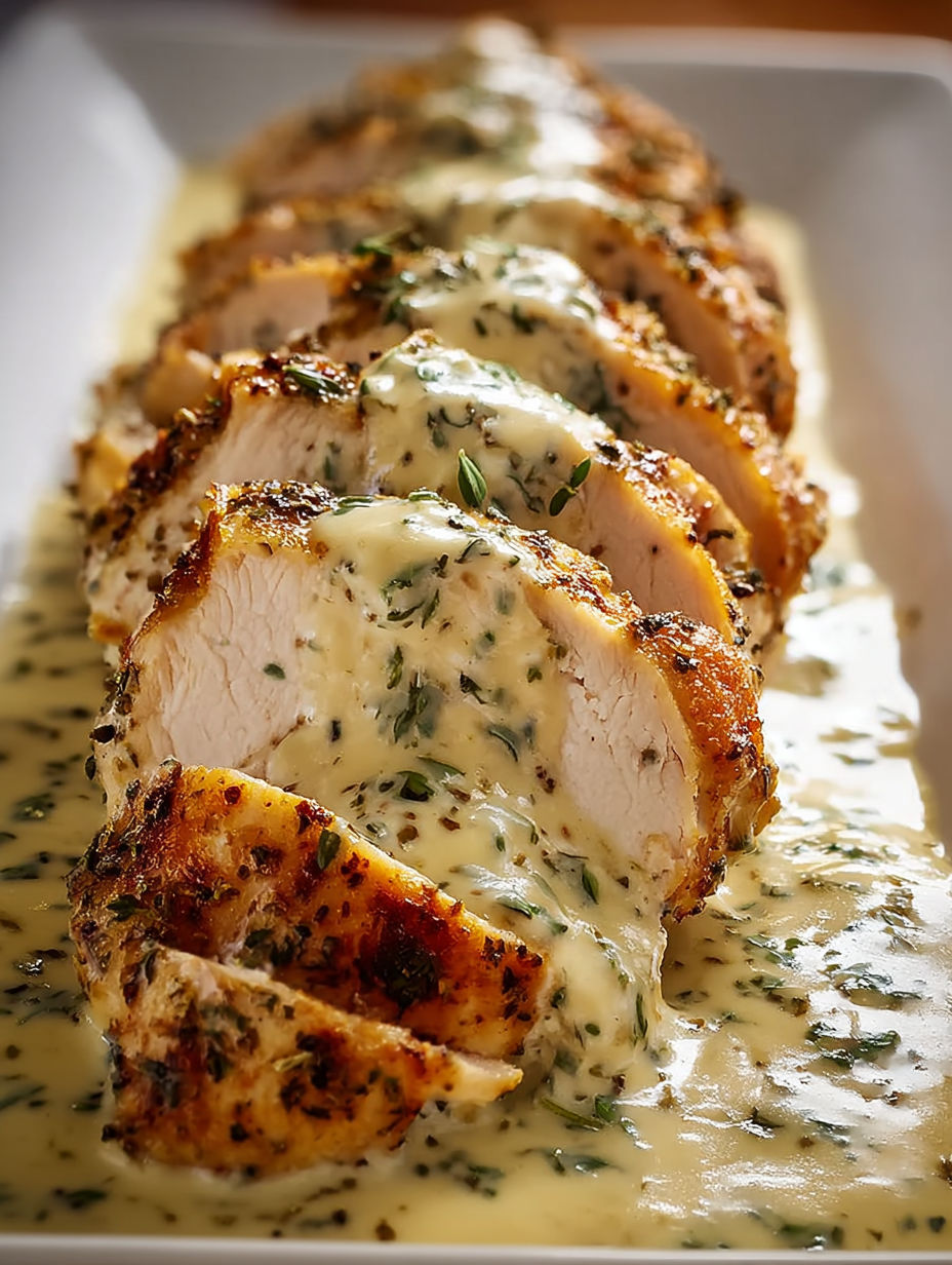 A piece of chicken with a creamy sauce on top.