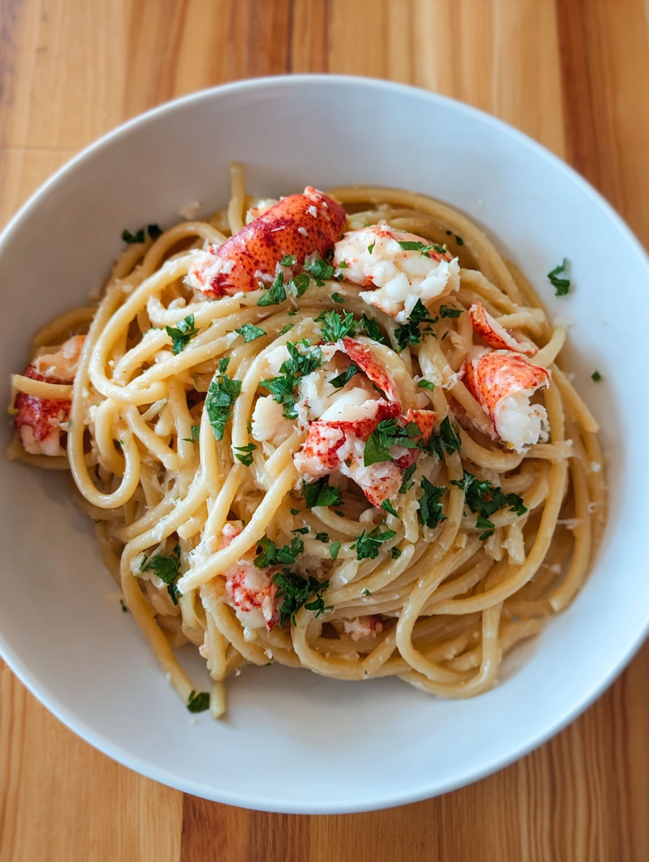A bowl of pasta with lobster and herbs.