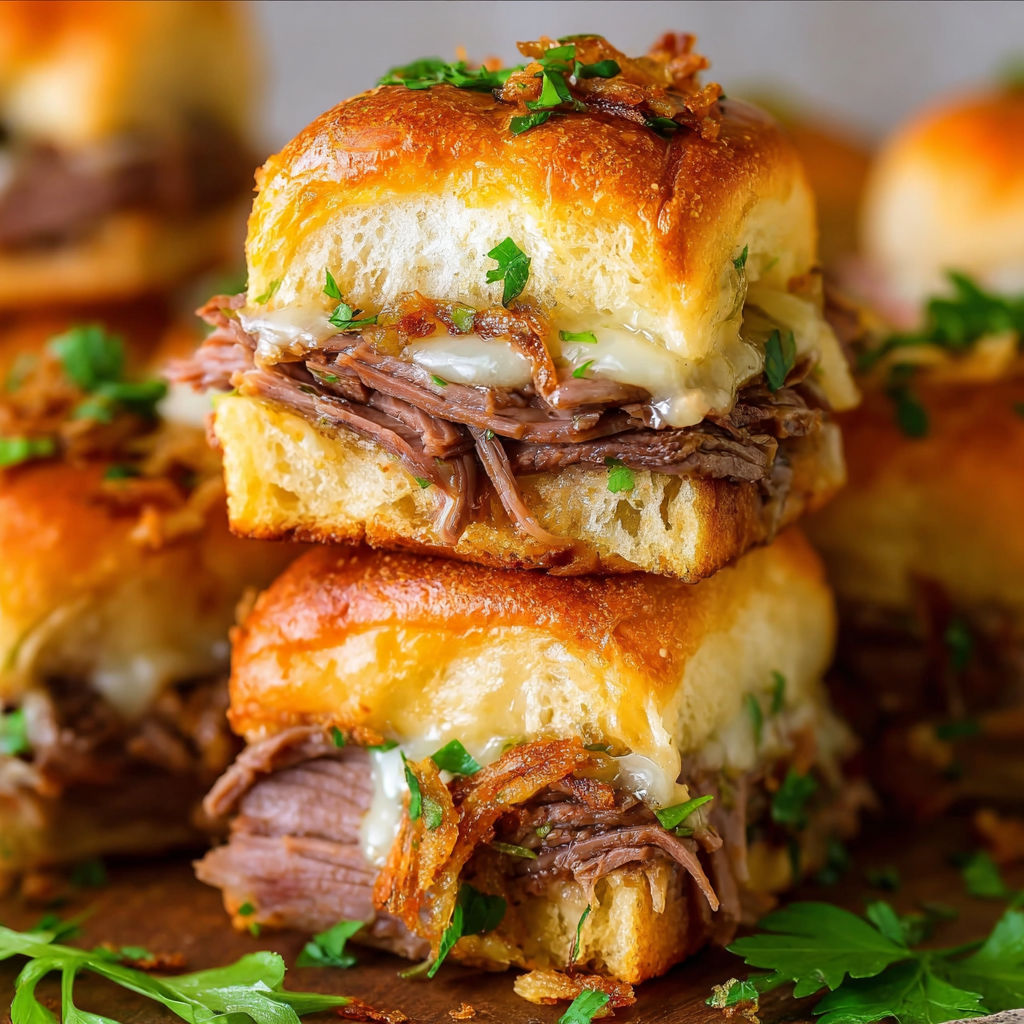French dip sliders with cheese and herbs.