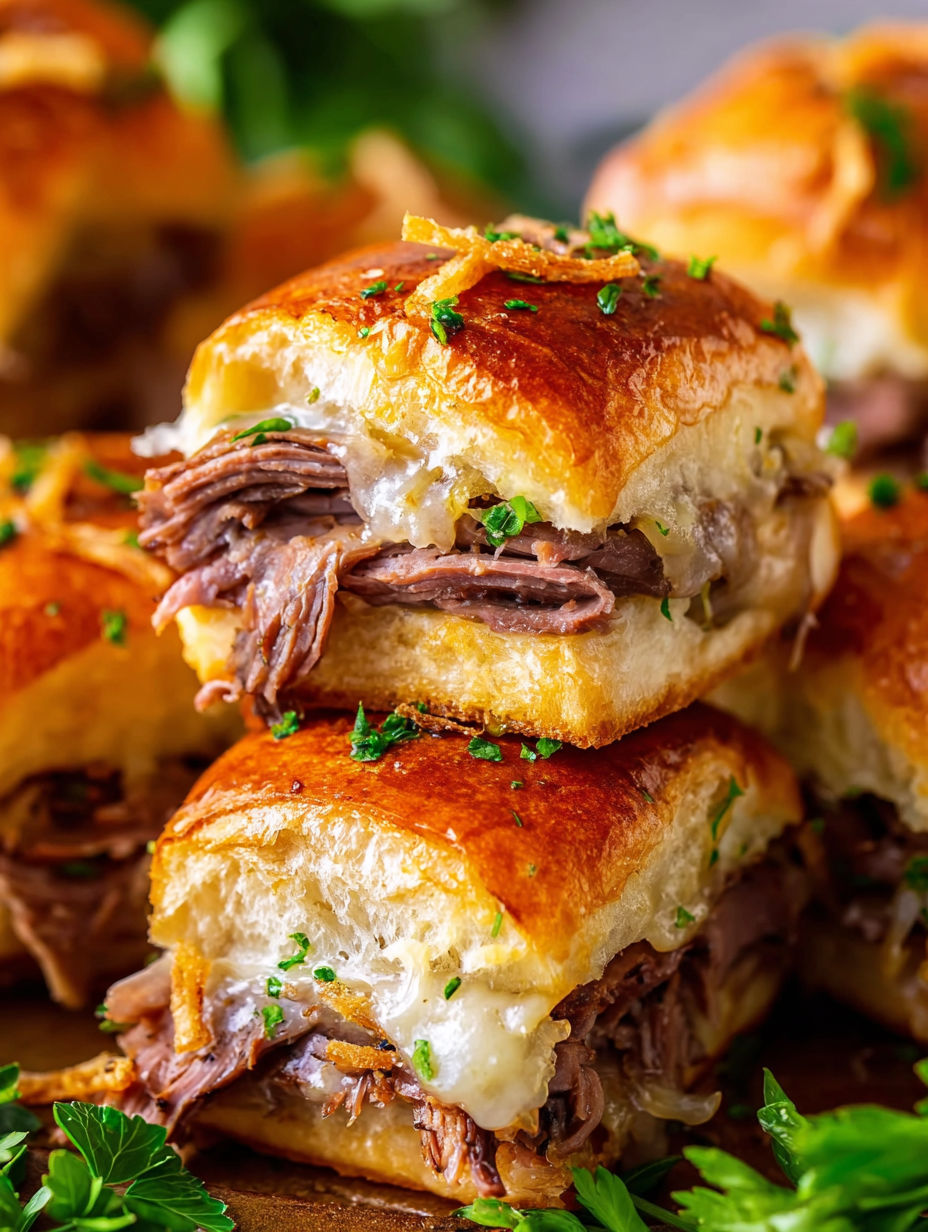 French dip sliders with cheese and herbs.