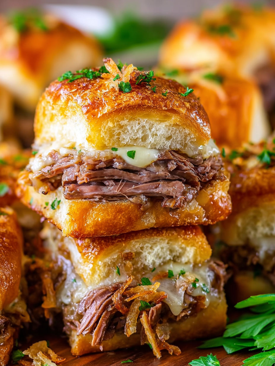 French dip sliders with cheese and onions.