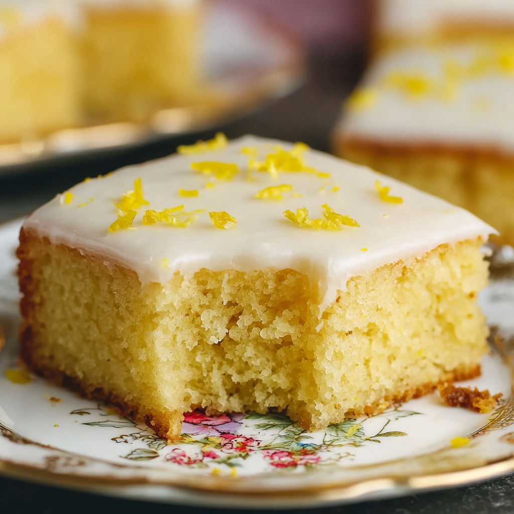 A slice of zitronen-brownies on a plate.