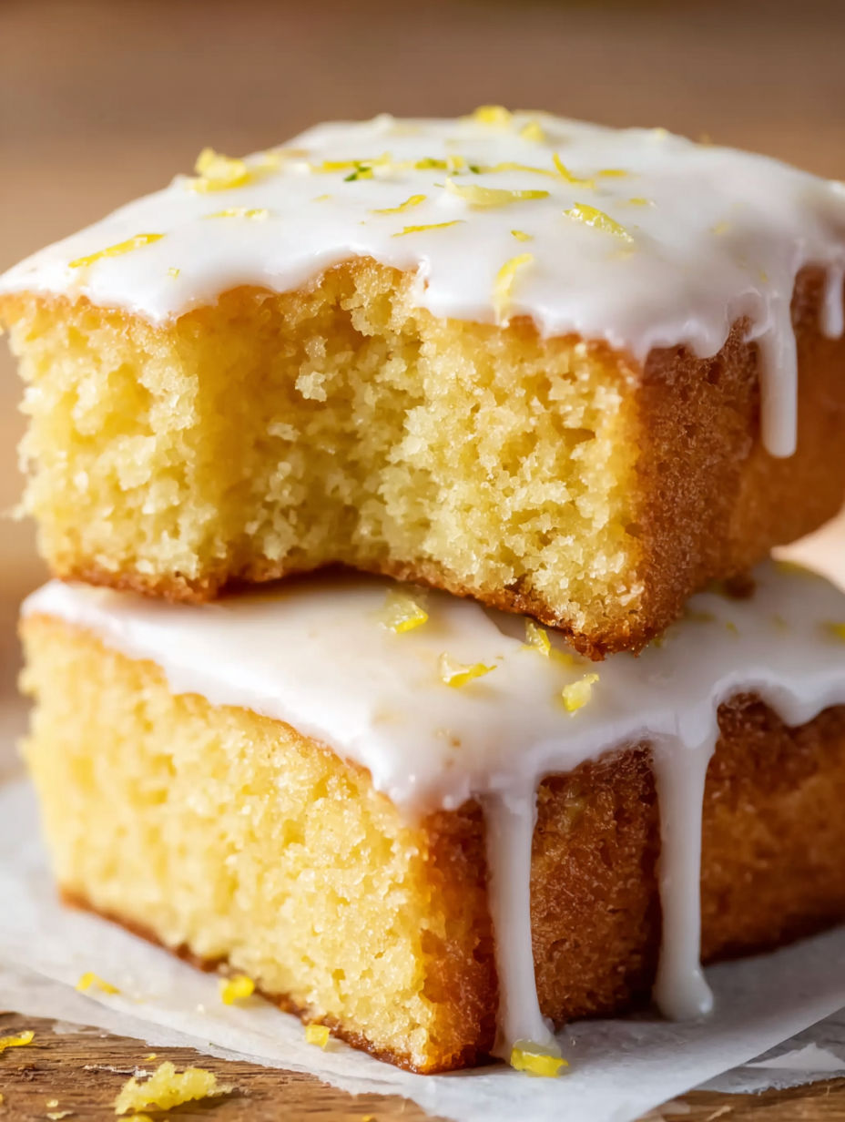 A slice of lemon cake with white icing.
