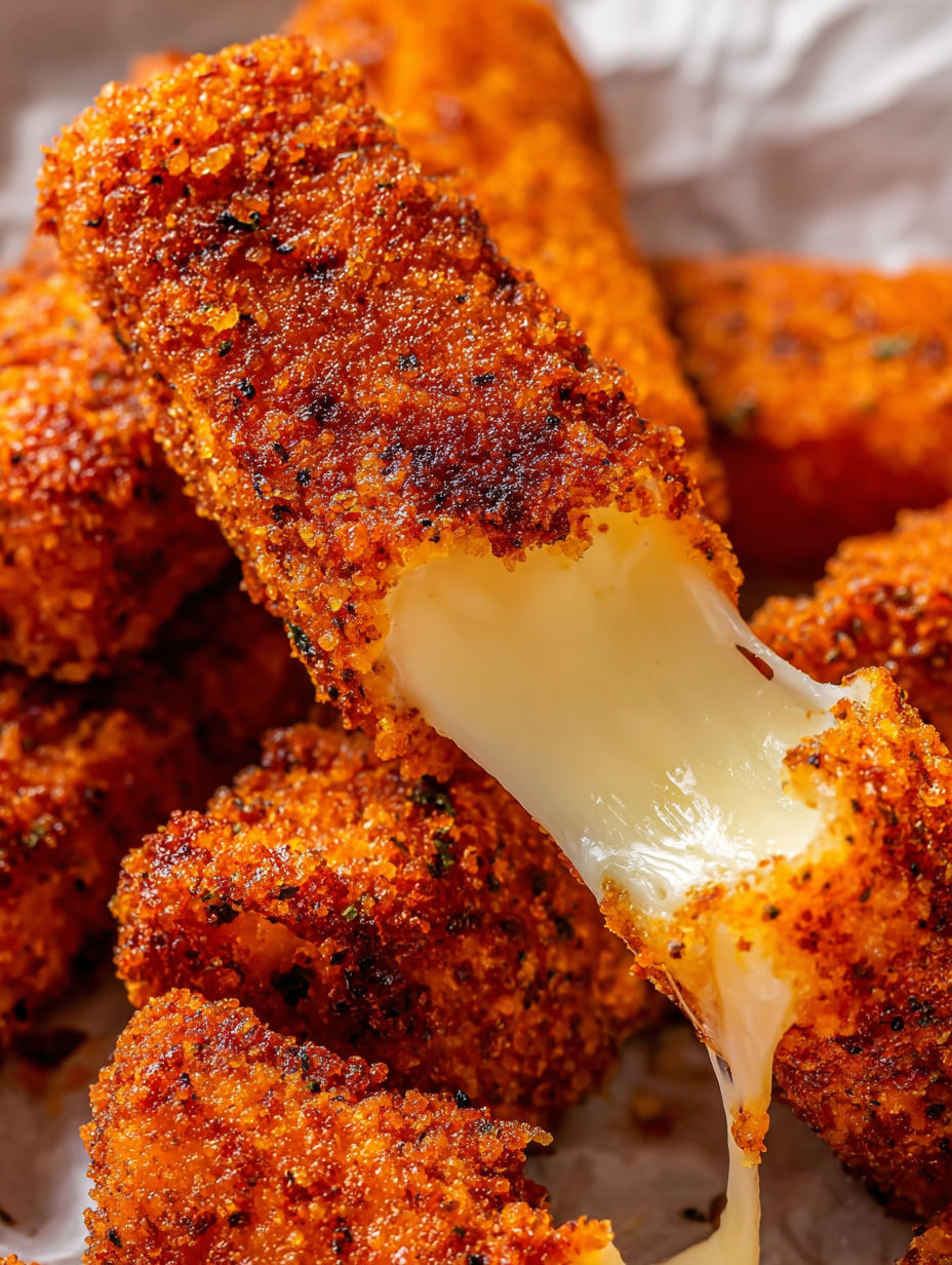 Mozzarella sticks with a bite taken out of them.