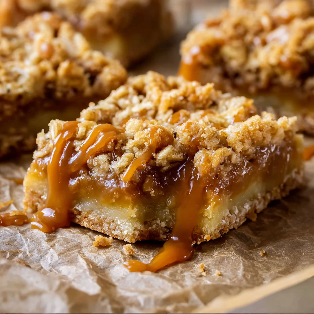 A close up of a salted caramel apple pie bar.