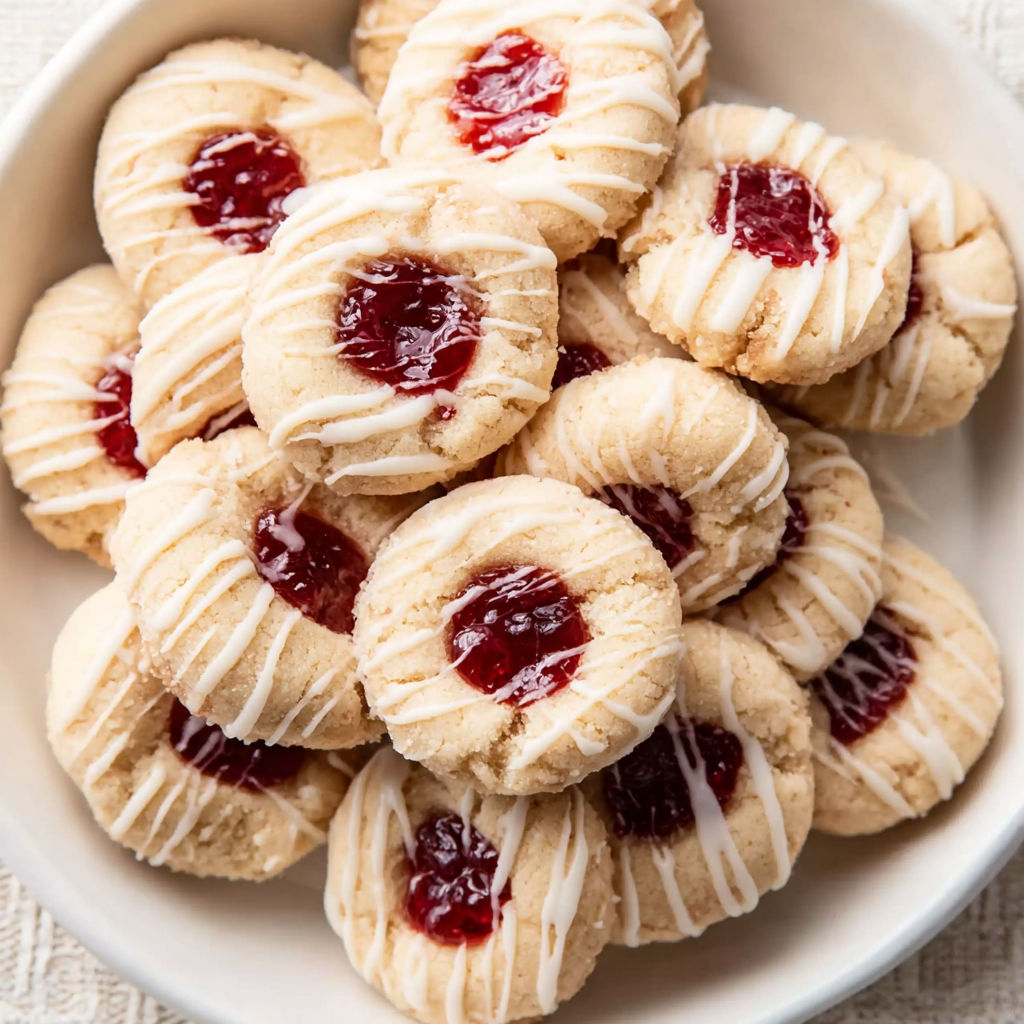 A bowl of cookies with white icing and red jam.