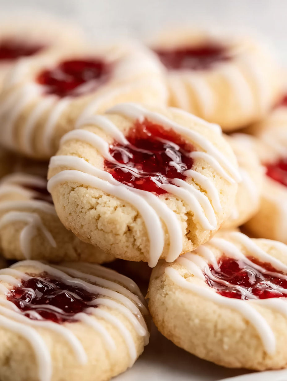 A plate of cookies with white icing and red jam.