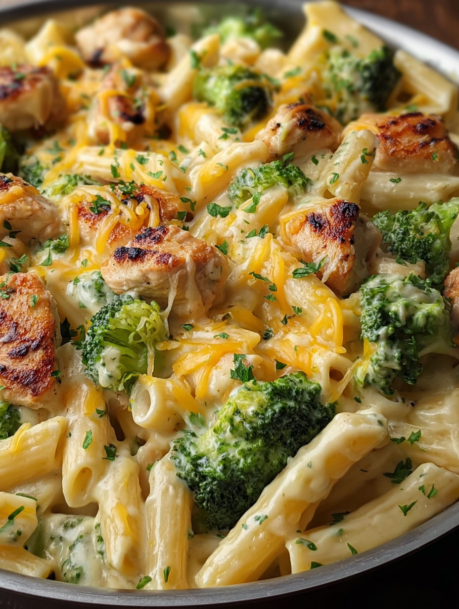A dish of Cajun chicken, broccoli, and Alfredo.