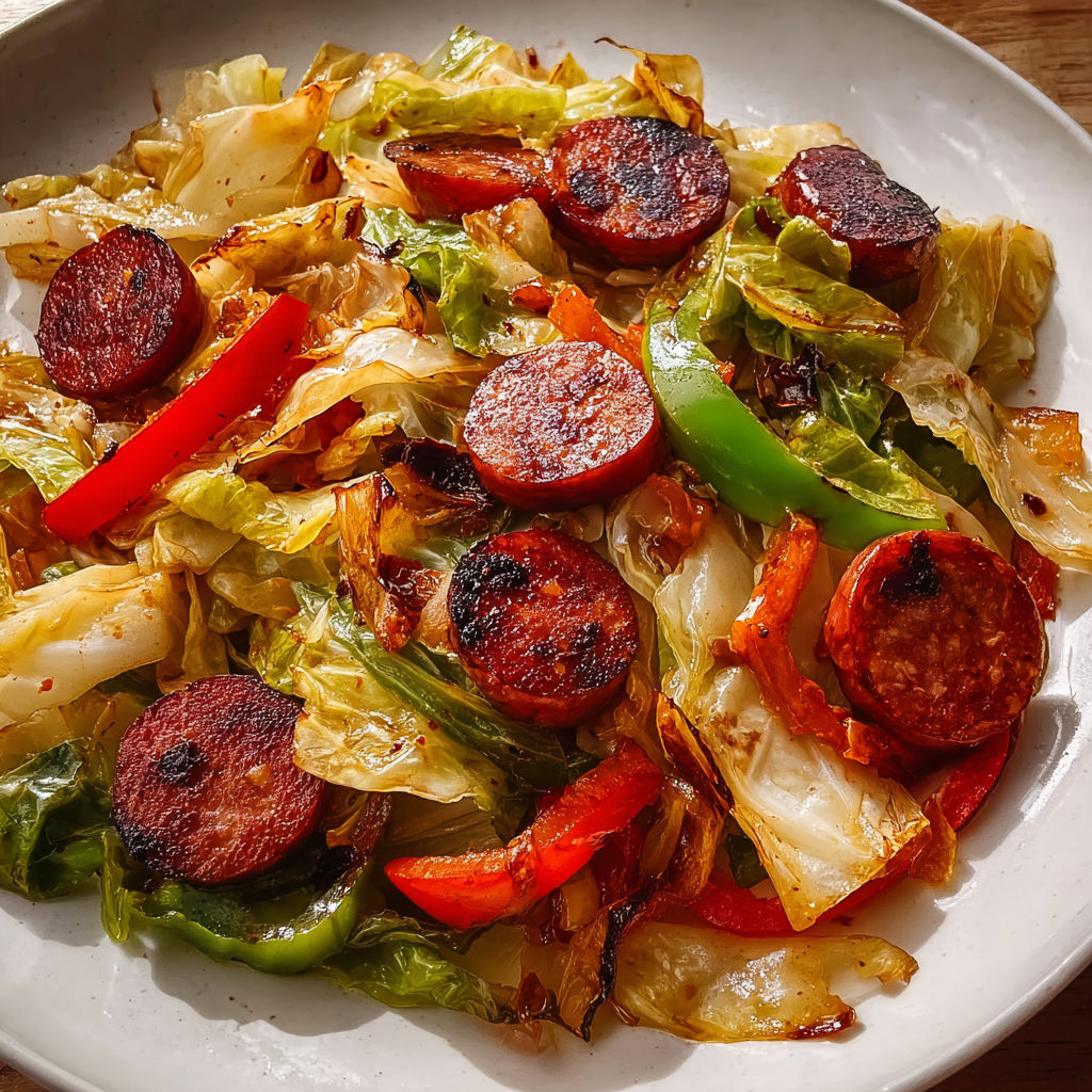 A plate of food with cabbage and kielbasa.