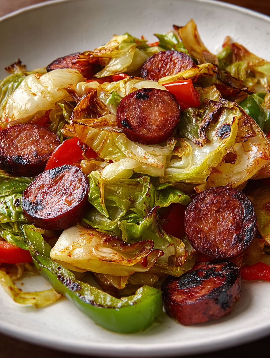 A skillet with cabbage and kielbasa.