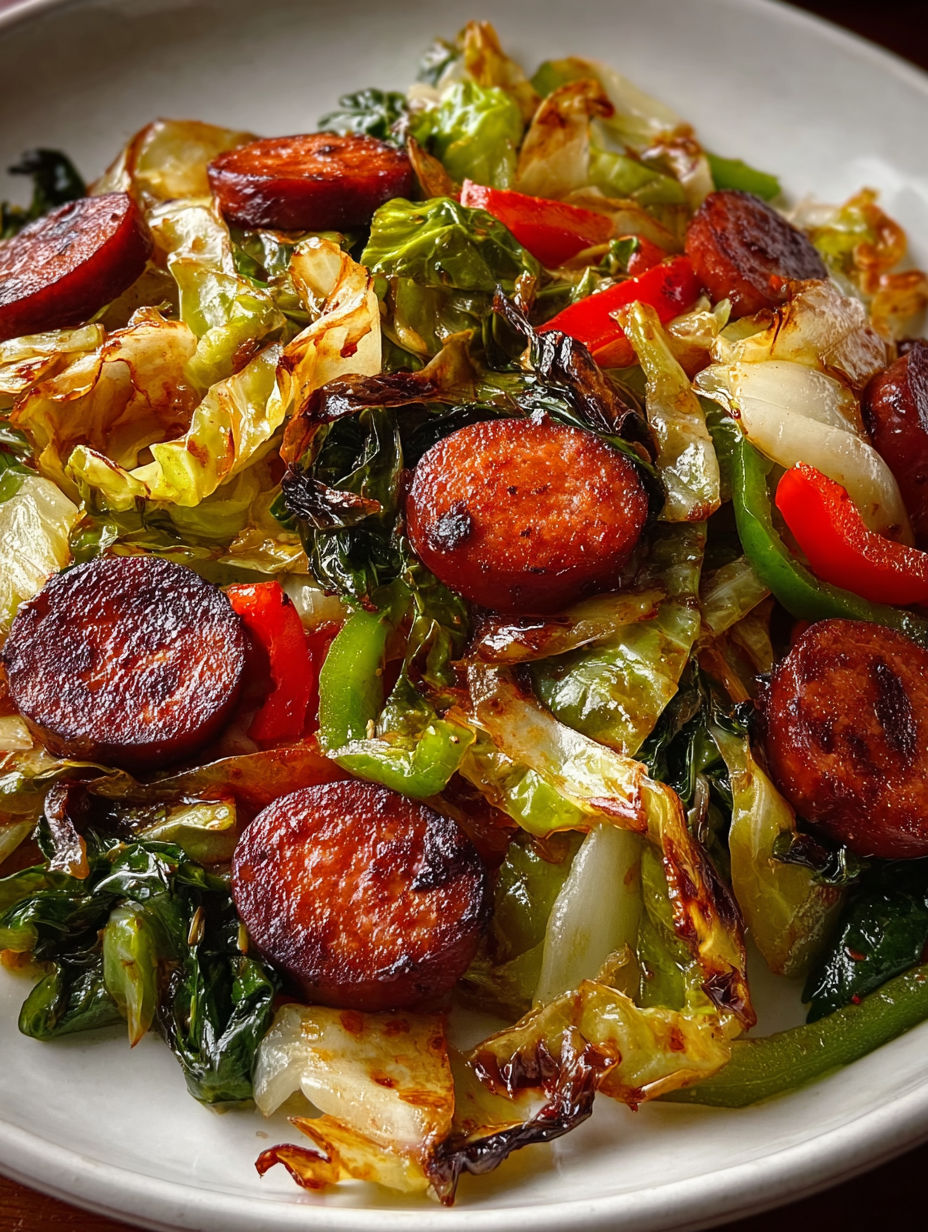 A skillet of cabbage and kielbasa.