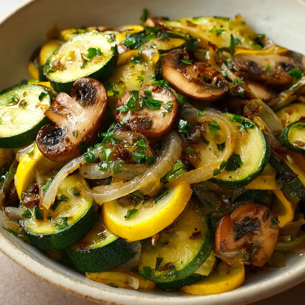 A bowl of sautierte zucchini and champignons mit zwiebeln.