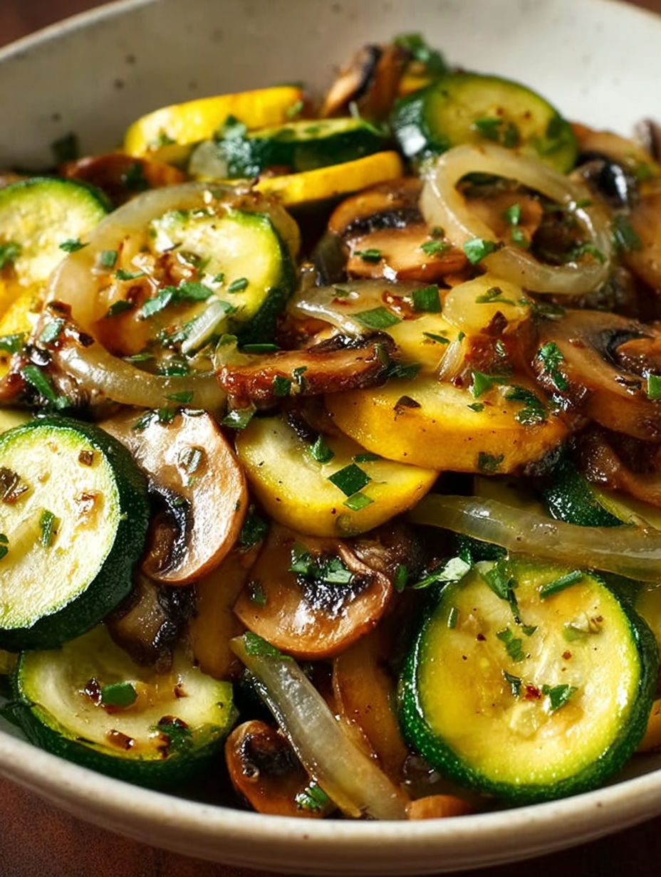 A bowl of sautierte zucchini and champignons with onions.