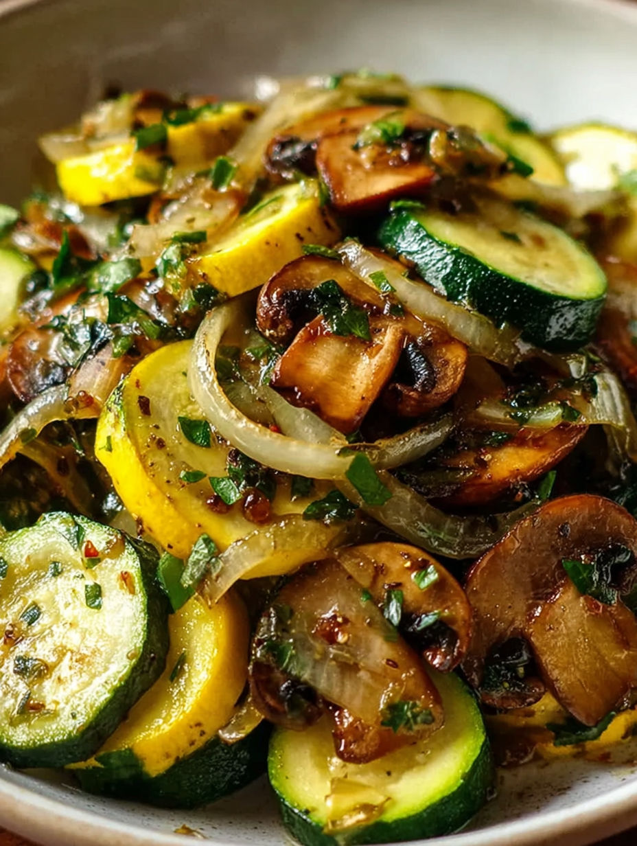 Sautierte Zucchini & Champignons mit Zwiebeln.