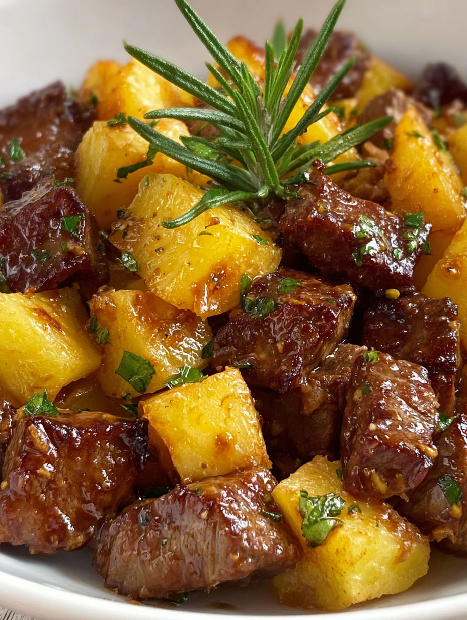 A close up of a dish with meat and potatoes.