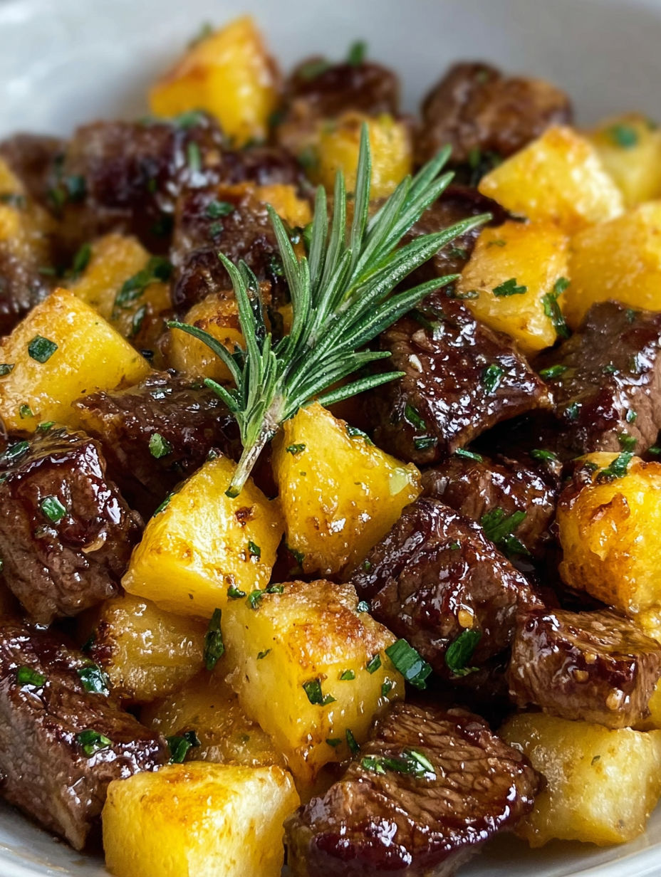 Steak bites with potatoes and parsley.