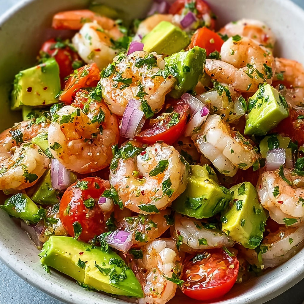 A bowl of shrimp salad with avocado and onions.