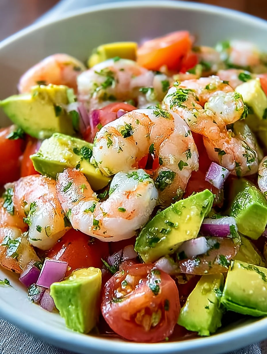 A bowl of shrimp salad with avocado and onion.
