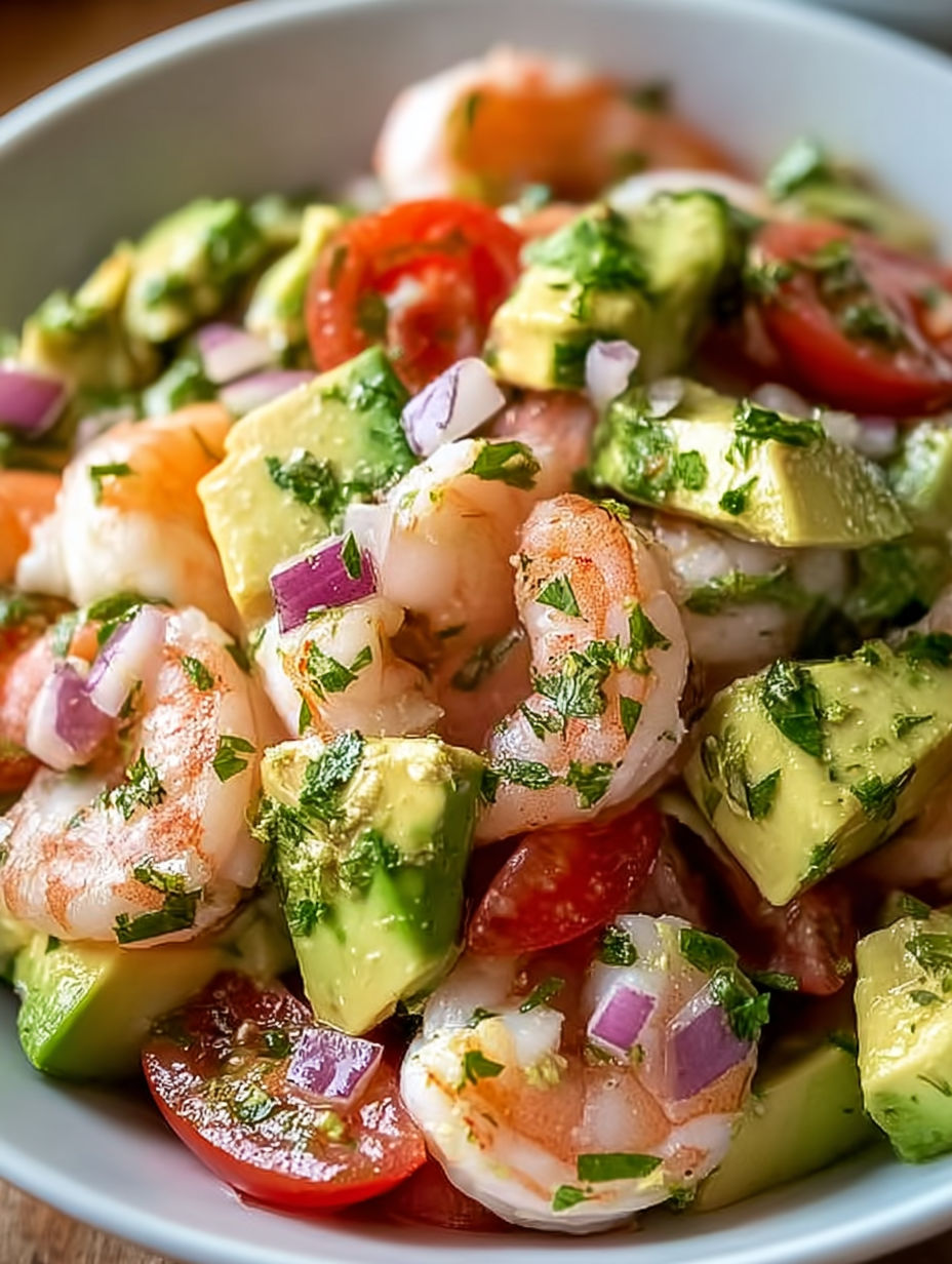 A bowl of salsa with shrimp, avocado, tomatoes, onions, and lime.