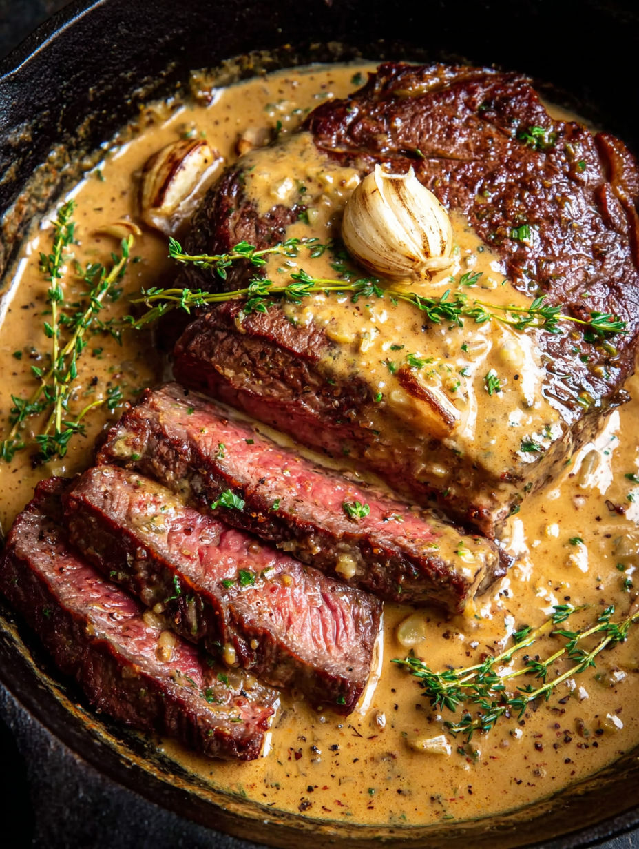 A close up of a steak with onions and sauce.