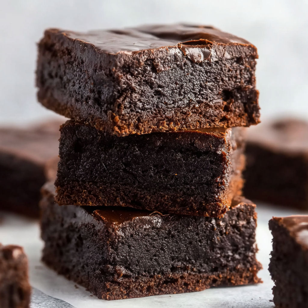 Three stacked brownies with chocolate ganache.
