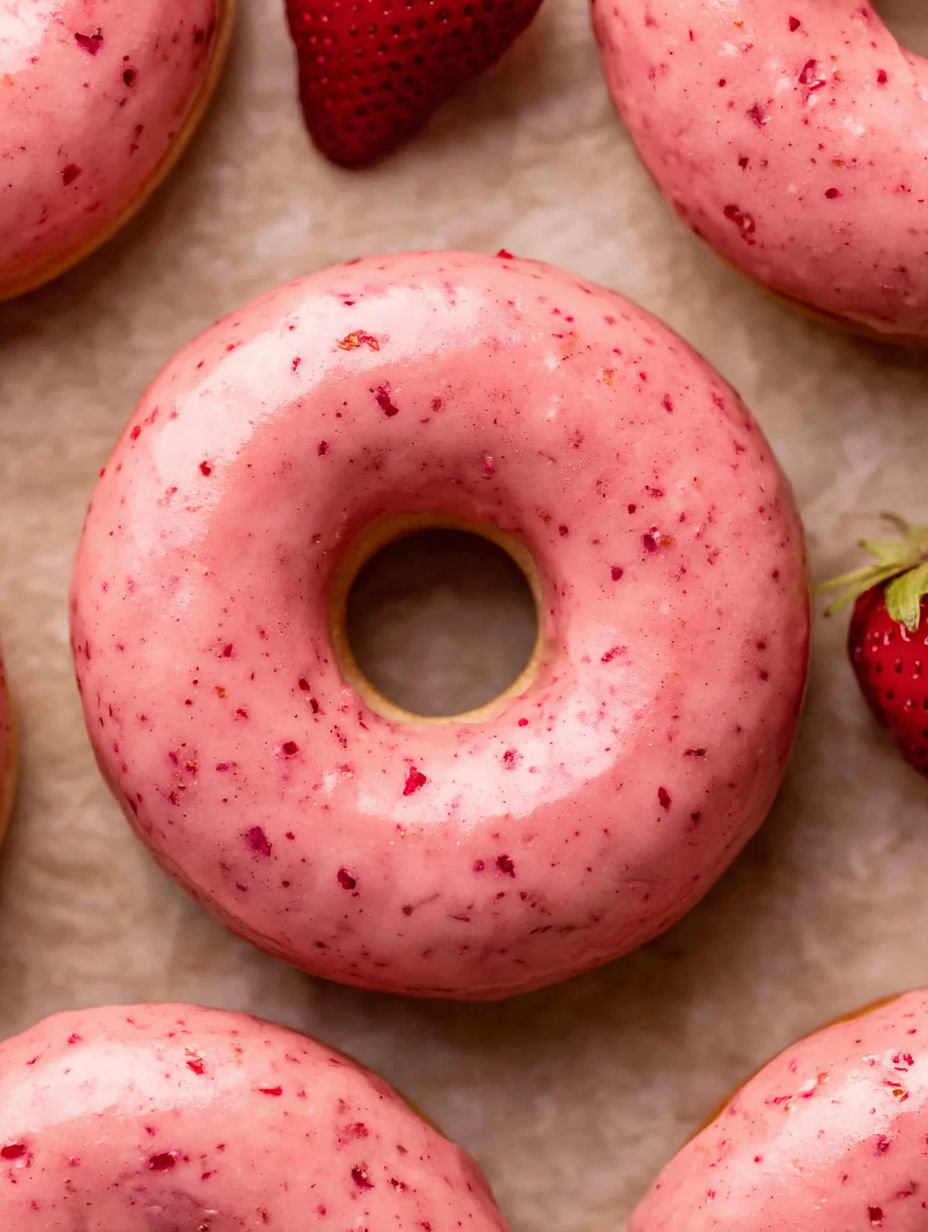 A pink glazed donut with a hole in the center.