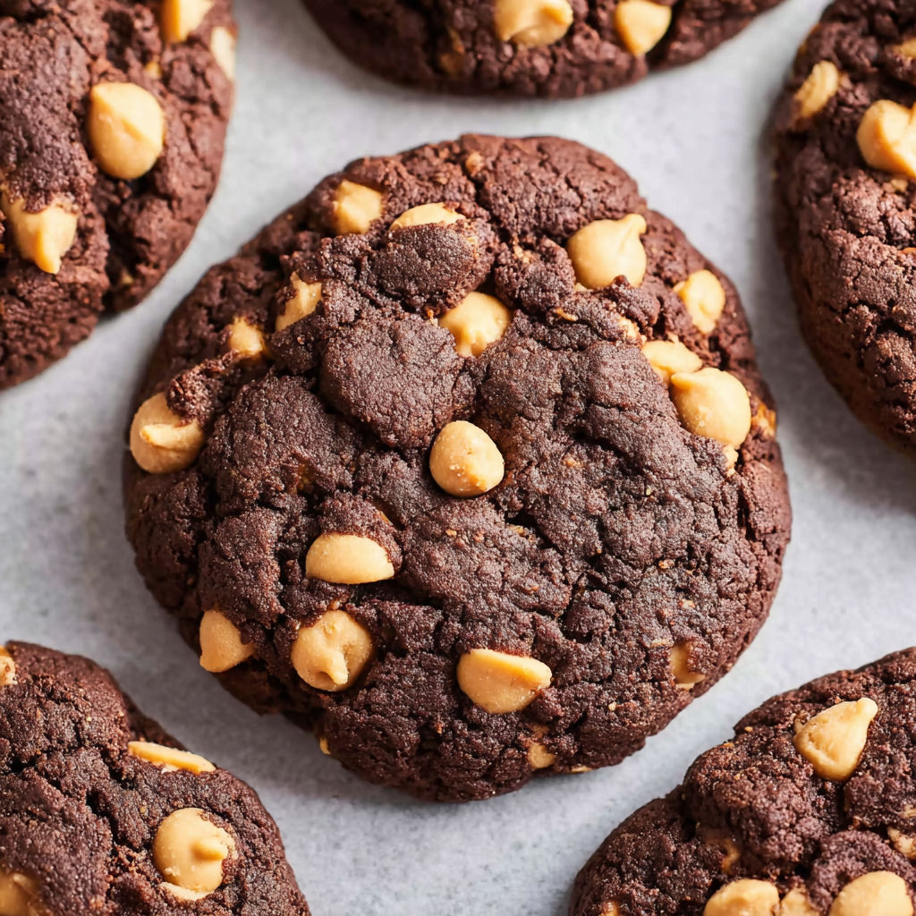 A close up of a chocolate peanut butter cookie.