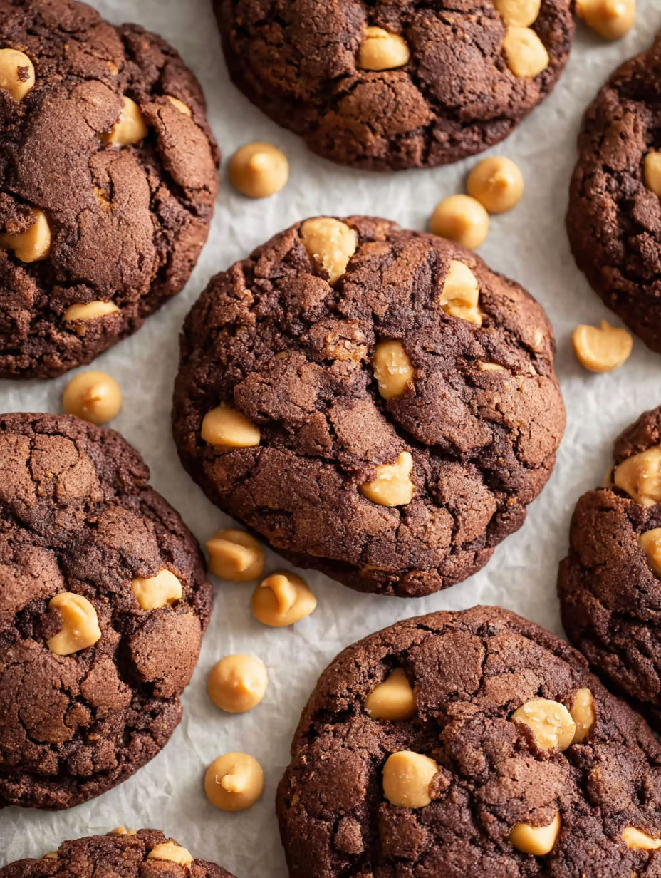 A close up of a chocolate peanut butter cookie.