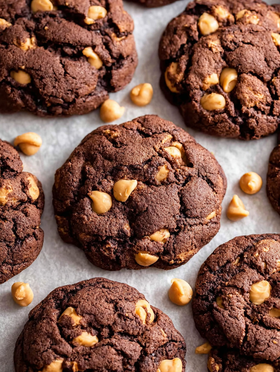 A close up of a chocolate peanut butter cookie.