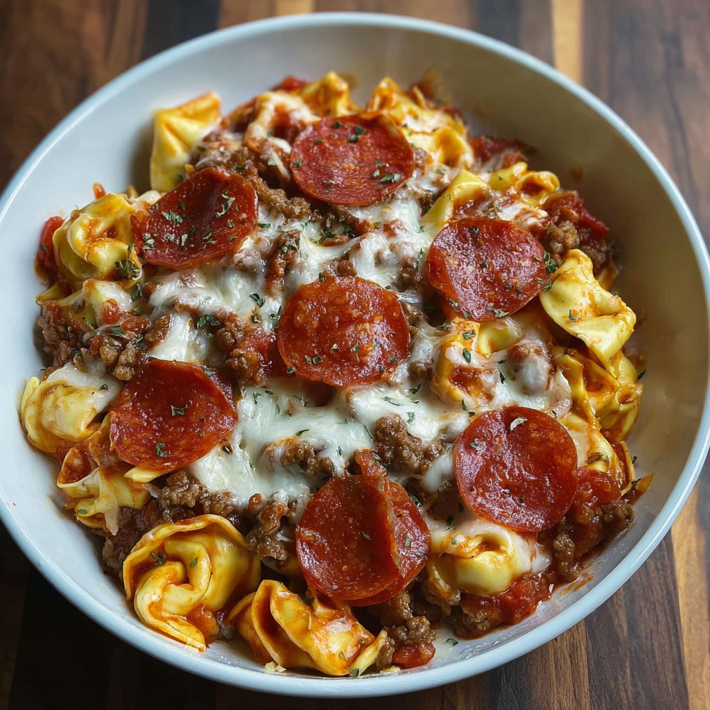 A bowl of cheesy pizza tortellini.