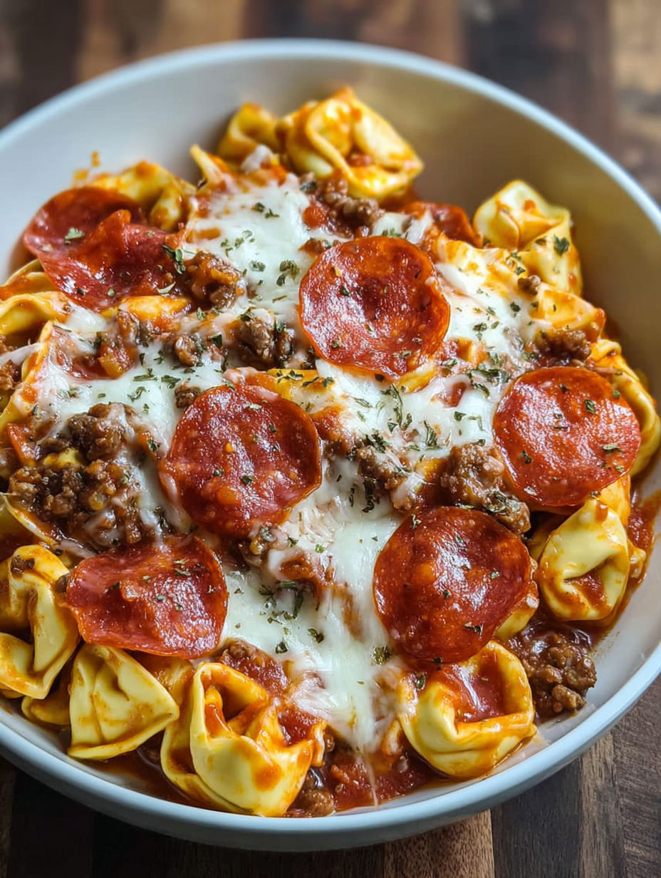 A bowl of cheesy pizza tortellini.