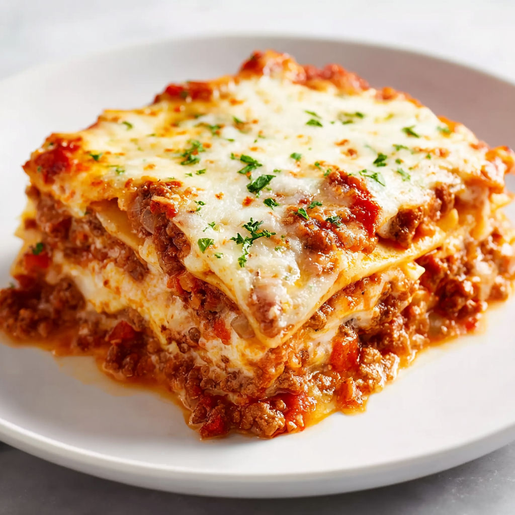 A white plate with a lasagna dish on it.