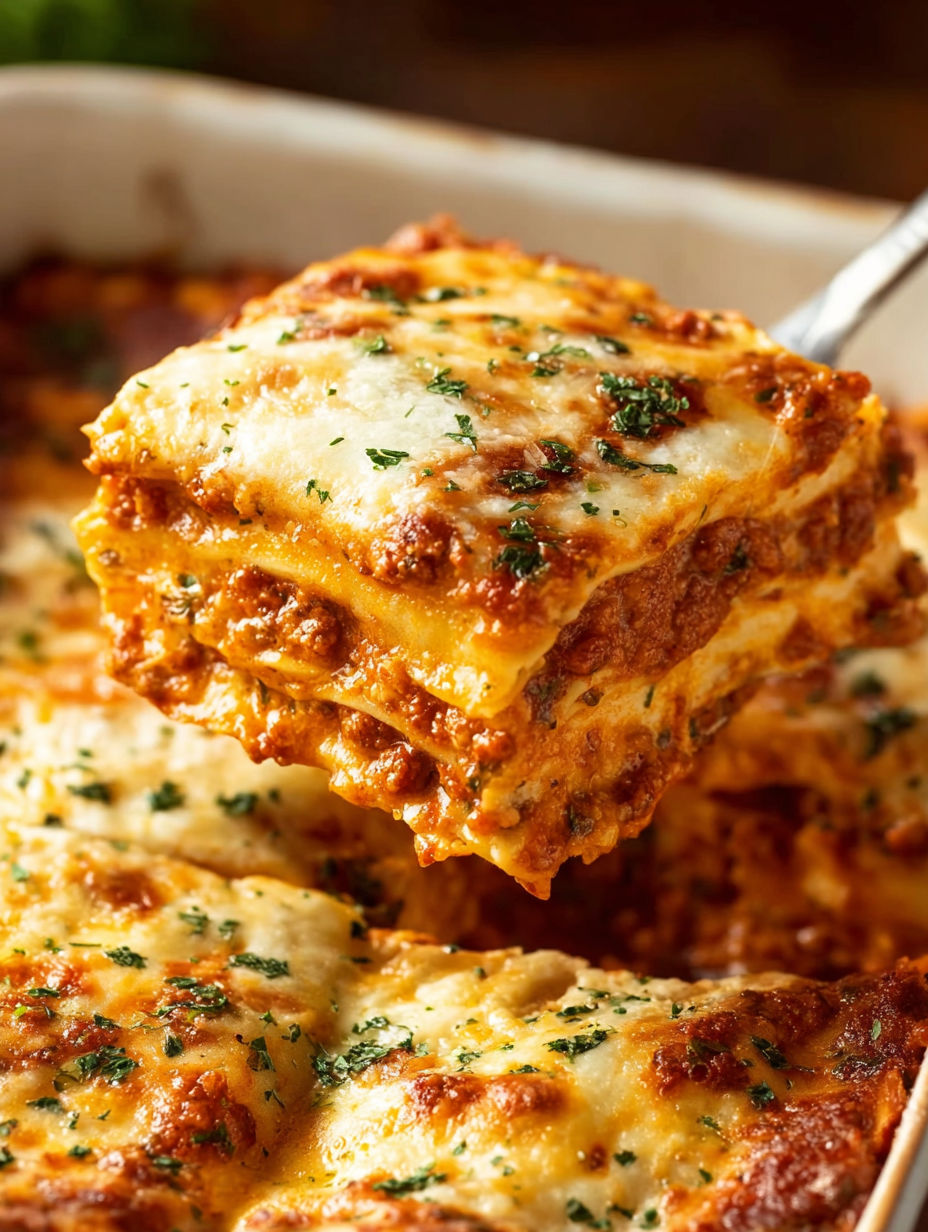 A slice of lasagna with cheese and herbs.