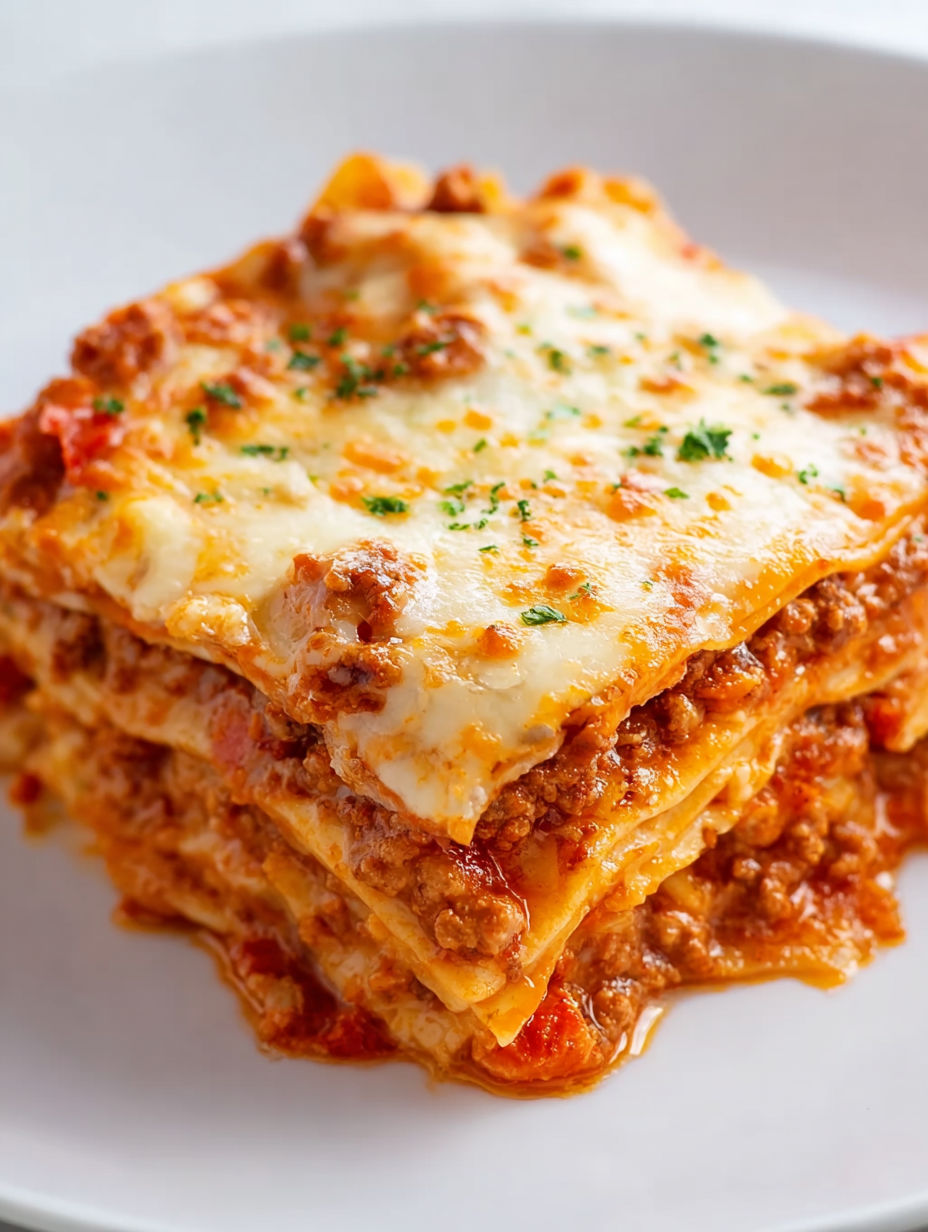 A stack of lasagna with meat and cheese.
