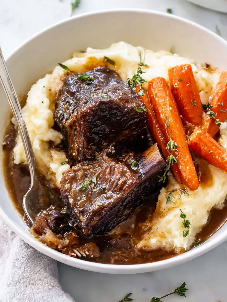 A bowl of slow cooker short ribs with carrots.