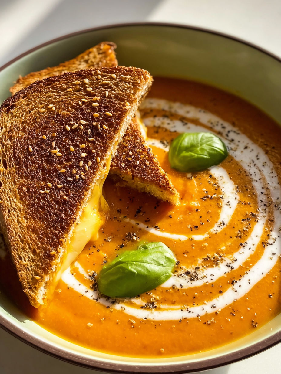 A bowl of soup with a sandwich on top.