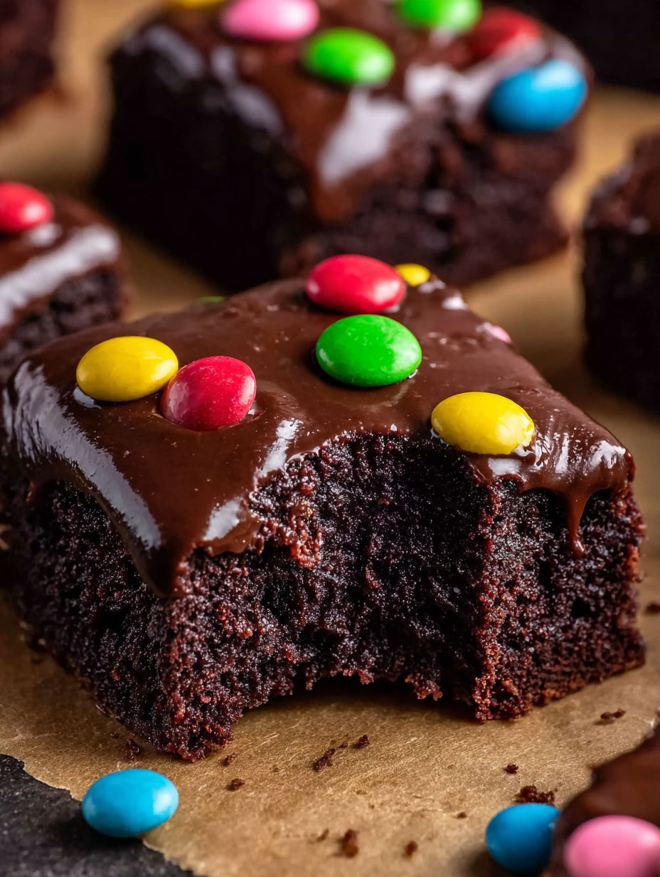 A close up of a chocolate fudge brownie with candy on top.