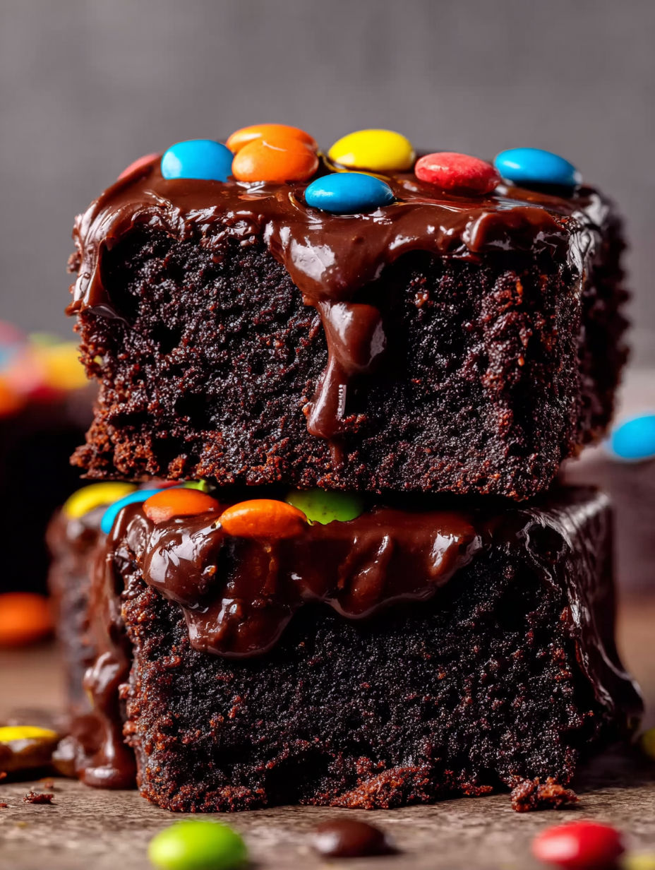 A close up of a chocolate cake with chocolate drizzle and M&M's.