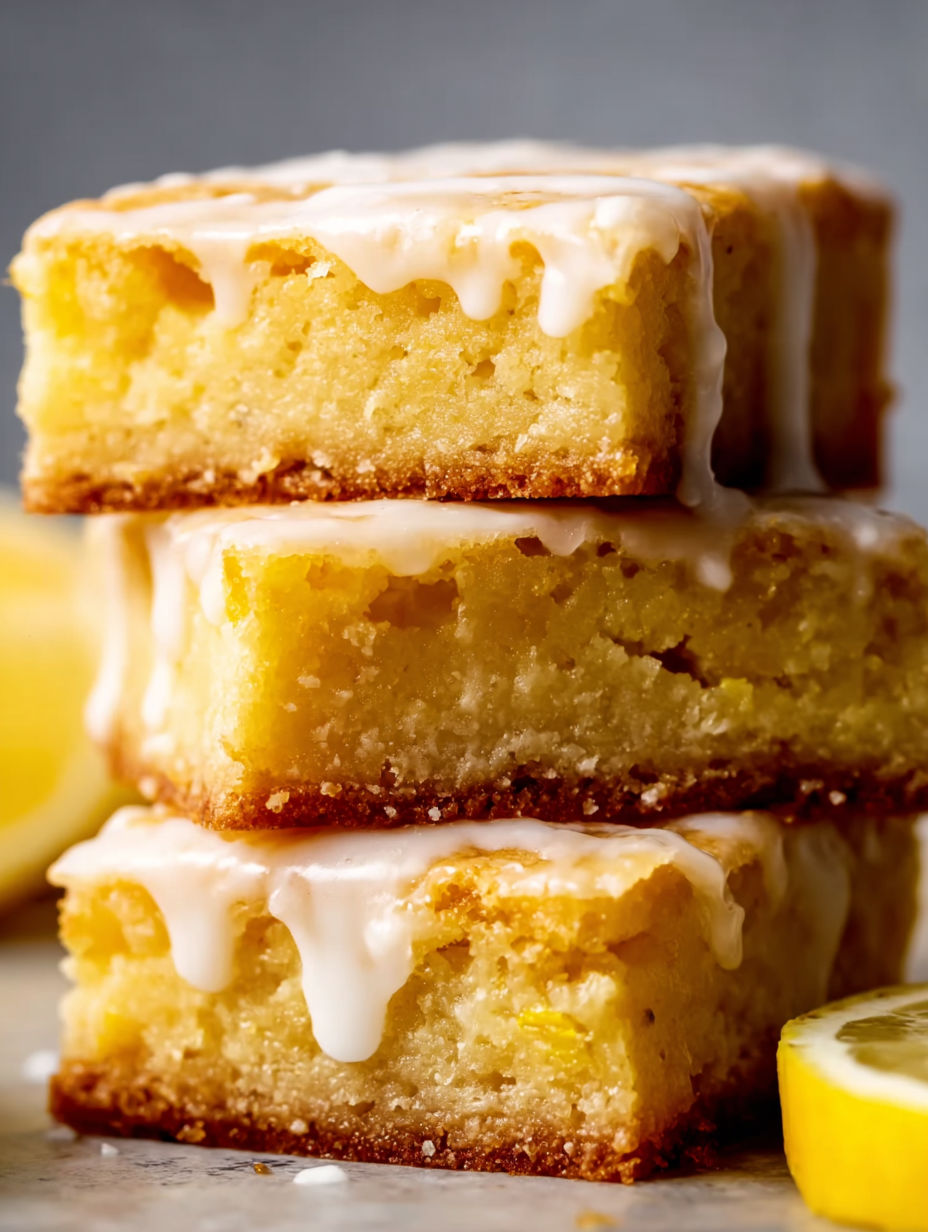 Three pieces of cake with white icing and lemon slices on top.
