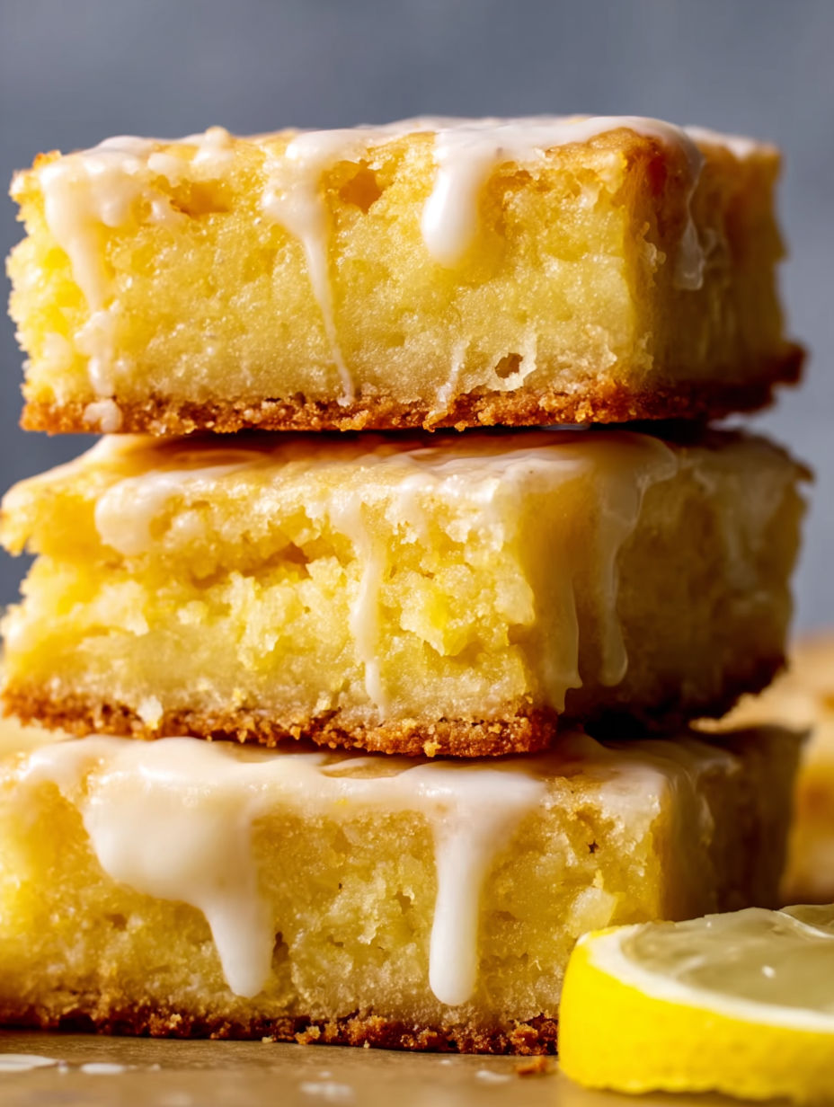 A stack of cake with icing drizzled on top.