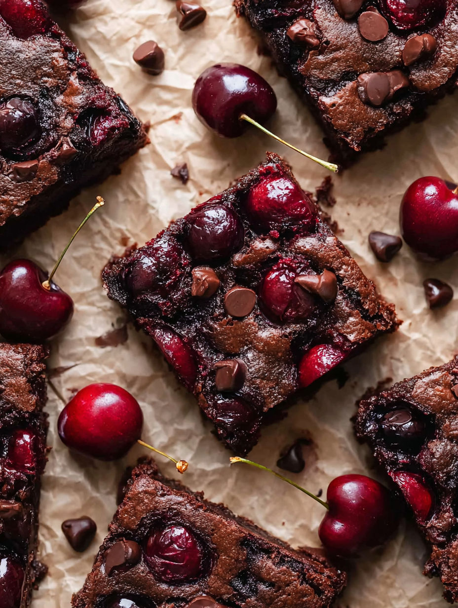 A close up of a chocolate brownie with cherries on top.