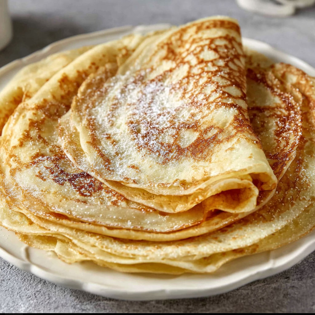A plate of pancakes with powdered sugar on top.